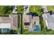Aerial of a private home with a pool, well maintained lawn and mature trees in a suburban neighborhood at 4320 51St S Ave, St Petersburg, FL 33711