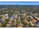 Overhead shot showcases a neighborhood filled with charming homes under a canopy of trees, city skyline visible in the distance at 4610 W Lamb Ave, Tampa, FL 33629
