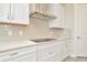 White cabinets and drawers accented with a grey backsplash and stainless hood vent above the range at 10714 Torchwood Sea Way, San Antonio, FL 33576