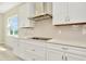 Kitchen features a large window, white cabinets, stainless hood vent and cook top at 10714 Torchwood Sea Way, San Antonio, FL 33576