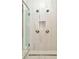 Elegant marble tiled shower with dual shower heads and a built-in niche at 10714 Torchwood Sea Way, San Antonio, FL 33576
