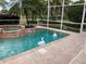 A beautiful pool with a connecting jacuzzi and white swan floats, enclosed by a screen, offers a tranquil escape at 5021 Championship Cup Ln, Spring Hill, FL 34609