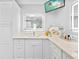 Well-lit bathroom featuring white cabinets, quartz counters, a lighted mirror, and a mounted TV at 19242 Blount Rd, Lutz, FL 33558
