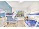 Bedroom featuring multiple bunk beds, a blue accent wall, and natural light from the window at 3018 N 164Th Pl, Clearwater, FL 33760