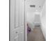 Hallway with closet, neutral carpet, and an open doorway revealing a peek into the bedroom at 5994 Shiner St, Land O Lakes, FL 34638