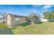 Backyard showing solar panels on the roof, patchy grass, and a screened-in porch at 13826 Pathfinder Dr, Tampa, FL 33625