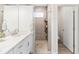 Bathroom featuring updated vanity with stone countertop and glass-enclosed shower with tiled walls at 219 Villa Luna Ln, Lutz, FL 33549
