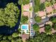 Aerial view shows community pool with parking, a scenic waterway surrounded by the tree coverage at 2364 Flanders Way # D, Safety Harbor, FL 34695