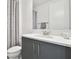 Bathroom featuring a gray vanity, neutral countertop, mirror, and a gray shower curtain at 3280 Juniper Springs St, Wesley Chapel, FL 33543