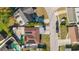 Bird's-eye view of a property featuring solar panels, a pool, and neighboring houses in a residential area at 7213 Trinity Pl, Tampa, FL 33610