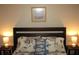 Bedroom showcasing a stylish bed adorned with decorative pillows, framed print, and side tables with lamps at 9911 Dahlia N St # 38, Pinellas Park, FL 33782