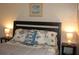 Cozy bedroom showcasing a stylish bed adorned with decorative pillows, framed print, and side tables with lamps at 9911 Dahlia N St # 38, Pinellas Park, FL 33782