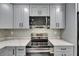 Close-up of the kitchen featuring stainless steel appliances and gray backsplash at 1025 Apollo Beach Blvd # 1, Apollo Beach, FL 33572