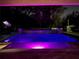 Backyard pool with tranquil waterfall and privacy landscaping, perfect for evening relaxation at 13856 Crest Lake Dr, Hudson, FL 34669