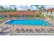Beautiful community pool with sun loungers on a brick patio with multiple shade umbrellas, lush landscaping, and a waterfront view at 19029 Us Highway 19 N # 17A, Clearwater, FL 33764