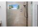 Modern glass shower with tile surround and a window offering natural light and a view of palm trees at 1110 25Th N St, St Petersburg, FL 33713