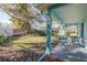 Relaxing covered back patio with outdoor seating and a view of the green backyard with hammock and mature trees at 439 San Salvador Dr, Dunedin, FL 34698