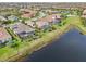 An aerial view of a community shows homes with screened patios and pools by the water at 4857 Tobermory Way, Bradenton, FL 34211