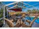 Pool area has a covered lanai with umbrella, a patio table and chairs, and privacy fence at 11077 87Th Ave, Seminole, FL 33772