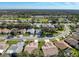 Scenic aerial view of a suburban neighborhood featuring well-maintained homes, lush landscaping, and a backdrop of dense trees at 18504 Water Lily Ln, Hudson, FL 34667