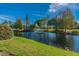 Scenic pond with a fountain surrounded by manicured lawns and mature trees, creating a serene atmosphere at 10814 Brickside Ct, Riverview, FL 33579