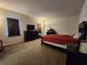 Comfortable carpeted bedroom featuring dark wood furniture, two large windows, and a queen sized bed at 4210 Pacente Loop, Zephyrhills, FL 33543