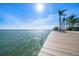 Wooden dock on the water with lounge chairs and several palm trees under a sunny sky at 447 22Nd St, Belleair Beach, FL 33786