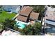 Aerial view of a backyard featuring a pool with a sundeck and beautiful tropical foliage at 8555 140Th St, Seminole, FL 33776