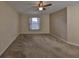 A roomy bedroom is enhanced by carpet floors, ceiling fan and a large window at 10730 Shady Preserve Dr, Riverview, FL 33579