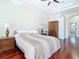 Cozy main bedroom featuring warm wood floors, a tray ceiling, and ample natural light at 18111 Diamond Cove Ct, Tampa, FL 33647