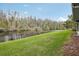 A serene backyard view featuring lush green grass, a tranquil lake, and natural wooded surroundings at 2022 Heathfield Cir, Sun City Center, FL 33573