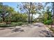 Community entrance with mature trees, lush landscaping, and signage directing residents to the right lane at 503 Old Grove Dr, Lutz, FL 33548