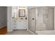 Bathroom featuring a glass shower, vanity with granite countertop, and tile flooring at 11815 Marblehead Dr, Tampa, FL 33626