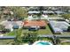 An aerial view of a single-Gathering home with a backyard pool surrounded by tropical landscaping at 1450 Highfield Dr, Clearwater, FL 33764