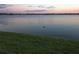 Scenic lake view with calm water, duck swimming, and green grassy shoreline under a pastel sky at 1648 Mira Lago Cir, Ruskin, FL 33570