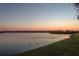 Relaxing lake view with calm water, birds swimming, and green grassy shoreline at sunset at 1648 Mira Lago Cir, Ruskin, FL 33570