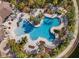 Aerial view of community pool featuring a unique design, surrounding patio and lush tropical landscaping at 9505 Lemon Drop Loop, Ruskin, FL 33573