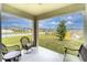 Covered patio features comfortable seating and views of the front yard at 35661 Jenny Lynne Cir, Zephyrhills, FL 33541