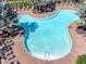 Overhead close-up of a pool with surrounding lounge area and lush landscaping at 35661 Jenny Lynne Cir, Zephyrhills, FL 33541