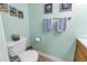 Upstairs bathroom with blue walls, white toilet, and beach themed wall decor at 3710 41St S Way # D, St Petersburg, FL 33711