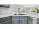 Close-up of the kitchen sink and countertop space, with gray cabinets and stainless steel appliances at 520 Wheaton Trent Pl, Tampa, FL 33619