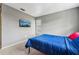 Bedroom featuring a modern TV, cozy carpet, and a bed with a blue quilt at 7224 E Bank Dr # 206, Tampa, FL 33617