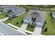 Aerial view highlights symmetrical driveways, green lawns and landscaped gardens of multiple homes at 8435 Ocean Tides Cv, Parrish, FL 34219