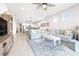 Open living room and kitchen area with tile floors, stylish furnishings, and natural light at 8435 Ocean Tides Cv, Parrish, FL 34219
