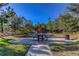 Bocce ball court area with seating and shaded by an umbrella, ideal for leisure and community gatherings at 11257 Egeria Dr, Odessa, FL 33556
