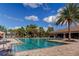 Large rectangular community pool with a covered seating area, palm trees, and bright blue sky at 11257 Egeria Dr, Odessa, FL 33556