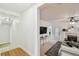 Bright living room featuring a fireplace and access to the back yard at 308 S Arrawana Ave, Tampa, FL 33609