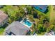 An aerial view showing a private backyard pool surrounded by lush tropical landscaping at 5909 Canton S St, St Petersburg, FL 33712