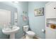 Stylish bathroom with a pedestal sink, blue walls, and modern fixtures at 5909 Canton S St, St Petersburg, FL 33712