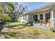 Spacious backyard with a covered patio, lush green grass, and privacy fence for outdoor enjoyment at 6911 N 19Th St, Tampa, FL 33610